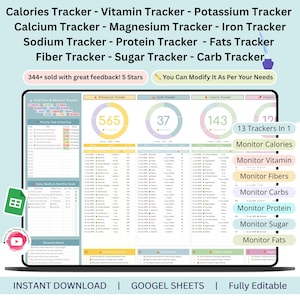 Puede incluir: Una plantilla de hoja de cálculo digital para el seguimiento de la nutrición y las vitaminas, incluyendo calorías, carbohidratos y grasas. La imagen muestra una pantalla de ordenador con un gráfico detallado, y el texto dice "13 Trackers in 1". La plantilla es totalmente editable y de descarga instantánea.