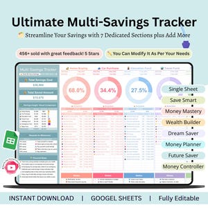 May include: A digital savings tracker displayed on a laptop screen. The interface includes sections for tracking savings goals, home buying, car purchases, and education funds. Text on the screen reads "Ultimate Multi-Savings Tracker".