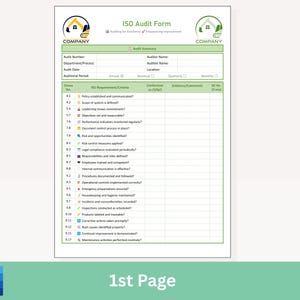 May include: An ISO Audit Form with a green and white design. The form includes sections for audit summary, ISO requirements, and evidence. The text "1st Page" is at the bottom, along with a Microsoft Word icon.