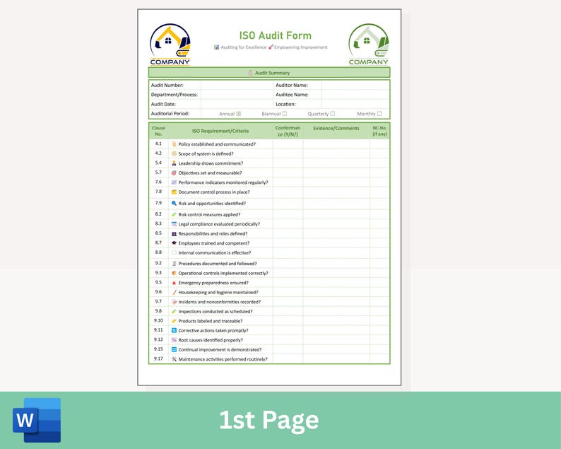 May include: An ISO Audit Form with a green and white design. The form includes sections for audit summary, ISO requirements, and evidence. The text "1st Page" is at the bottom, along with a Microsoft Word icon.