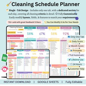 May include: A digital cleaning schedule planner for Google Sheets, fully editable and printable. The planner features a single-tab design with sections for daily and monthly progress. The image shows a tablet and phone displaying the planner, with the text 'Cleaning Schedule Planner'.