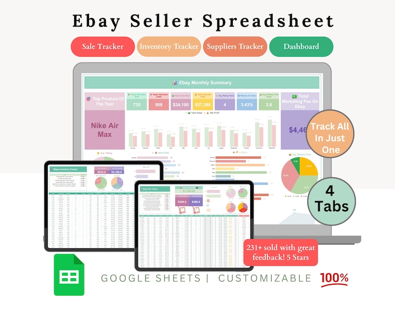 May include: A digital spreadsheet template for eBay sellers, displayed on a laptop and two tablets. The interface includes charts, graphs, and data tables, with labels like "Sale Tracker" and "Inventory Tracker." The text reads "Ebay Seller Spreadsheet" and "Google Sheets."