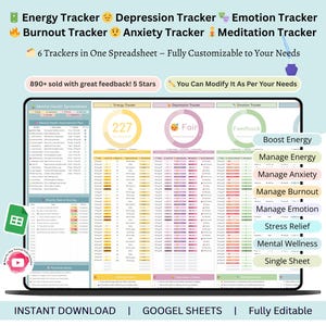 Könnte beinhalten: Ein digitaler Tabellenkalkulation, der auf einem Laptop-Bildschirm angezeigt wird und Tracker für Energie, Depression, Emotionen, Burnout, Angst und Meditation enthält. Die Tabelle ist vollständig anpassbar.