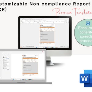 Peut inclure: Un ordinateur de bureau et un ordinateur portable affichent un mod&egrave;le de "Rapport de non-conformit&eacute;". Le mod&egrave;le est orange et gris. Le texte &agrave; l'&eacute;cran comprend "Rapport de non-conformit&eacute; personnalisable (NCR)" et "Mod&egrave;le Premium".