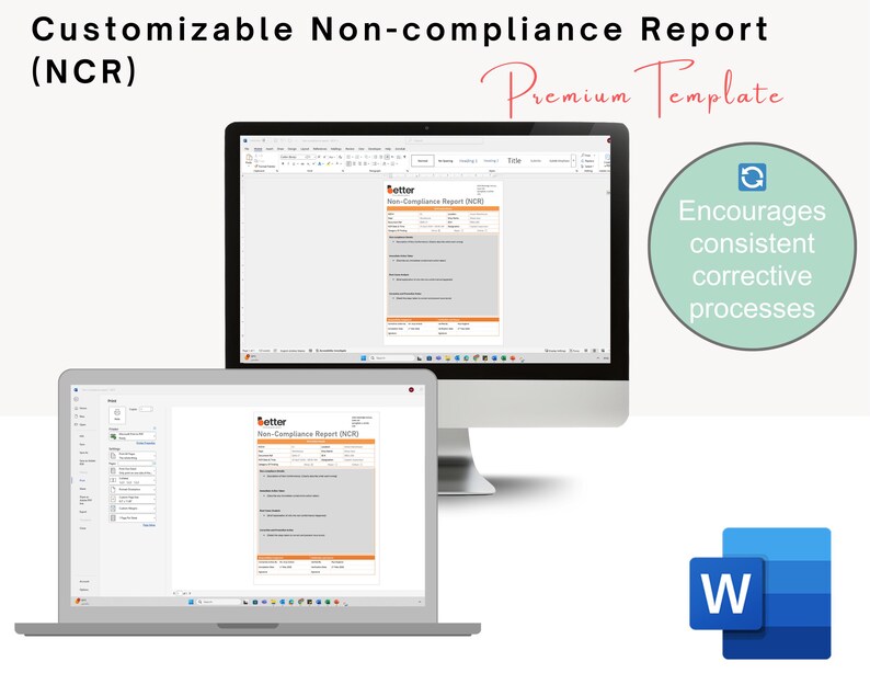 Peut inclure: Un ordinateur de bureau et un ordinateur portable affichent un mod&egrave;le de "Rapport de non-conformit&eacute;". Le mod&egrave;le est orange et gris. Le texte &agrave; l'&eacute;cran comprend "Rapport de non-conformit&eacute; personnalisable (NCR)" et "Mod&egrave;le Premium".