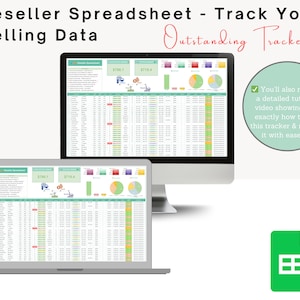 K&ouml;nnte beinhalten: Ein Computermonitor und ein Laptop zeigen eine Tabelle mit Finanzdaten, Diagrammen und Grafiken. Der Text "Reseller Spreadsheet - Track Your Selling Data" steht oben. Ein gr&uuml;nes Google Sheets-Symbol befindet sich unten rechts.