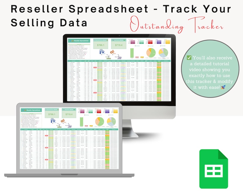 K&ouml;nnte beinhalten: Ein Computermonitor und ein Laptop zeigen eine Tabelle mit Finanzdaten, Diagrammen und Grafiken. Der Text "Reseller Spreadsheet - Track Your Selling Data" steht oben. Ein gr&uuml;nes Google Sheets-Symbol befindet sich unten rechts.
