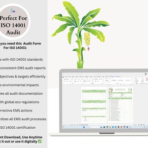 May include: A laptop displays an audit form with a green and white design, under a stylized banana tree illustration. Text on the screen and to the left highlights features like ISO 14001 compliance and efficient tracking. The image promotes digital audit forms.