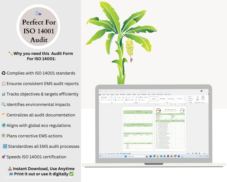 May include: A laptop displays an audit form with a green and white design, under a stylized banana tree illustration. Text on the screen and to the left highlights features like ISO 14001 compliance and efficient tracking. The image promotes digital audit forms.