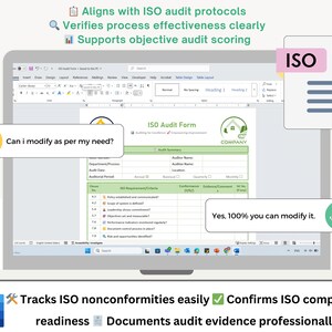 May include: A laptop screen displays an ISO audit form in a Word document. The form is green and white, with text and checkboxes. Text bubbles with smiley faces ask if the form can be modified. The screen also shows the word "ISO" on a yellow sticky note.