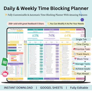 以下が含まれることがあります： ラップトップ画面に表示されたデジタルタイムブロッキングプランナー。プランナーは完全にカスタマイズ可能で、自動タイムブロッキング機能を備えています。「Daily & Weekly Time Blocking Planner」と「Fully Editable」のテキストが含まれています。