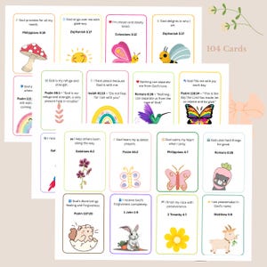May include: A collection of 104 cards with inspirational quotes from the Bible. Each card features colorful illustrations of a mushroom, sun, butterfly, bee, rainbow, hummingbird, and other images. The cards have text from Philippians, Colossians, and other books.
