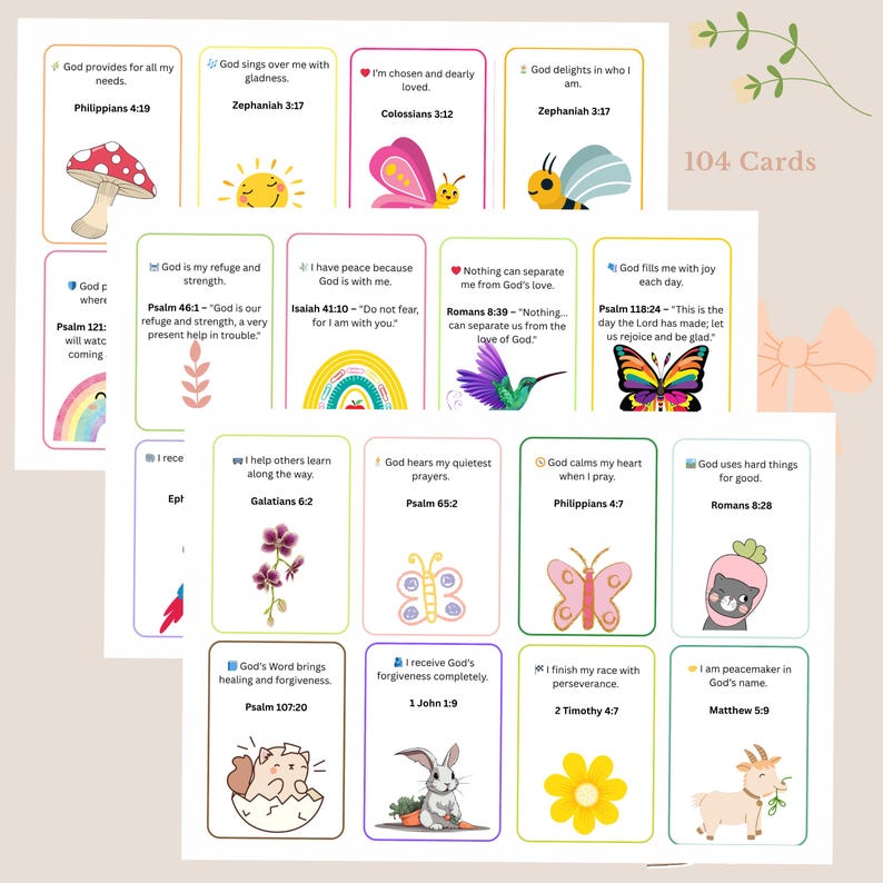 May include: A collection of 104 cards with inspirational quotes from the Bible. Each card features colorful illustrations of a mushroom, sun, butterfly, bee, rainbow, hummingbird, and other images. The cards have text from Philippians, Colossians, and other books.