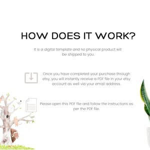 May include: White background with the text "HOW DOES IT WORK?" and instructions for a digital template. Includes a watercolor illustration of a tree with animals and a potted snake plant.