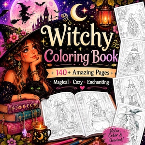 May include: A "Witchy Coloring Book" with a witch illustration on the cover, a black cat, and a stack of books. The book is open to show coloring pages. The cover text includes "140+ Amazing Pages" and "Magical Cozy Enchanting".