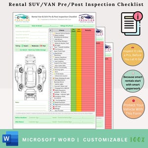 Könnte beinhalten: Eine druckbare Checkliste zur Inspektion eines Miet-SUV oder -Transporters vor und nach der Nutzung. Die Checkliste enthält eine Zeichnung eines Autos mit nummerierten Bereichen, die zu inspizieren sind, und eine Tabelle mit Kriterien für jeden Bereich. Der Text auf der Checkliste lautet "Rental Van & SUV Pre & Post Inspection Checklist" und "Inspect it Like a Pro, Before You Let it Go".