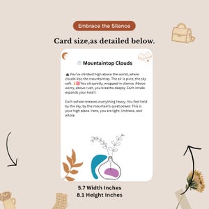 May include: A card with the text "Embrace the Silence" and "Mountaintop Clouds". The card features a vase with a plant, and the dimensions are 14.5 cm wide and 20.6 cm high. The card has a beige background.