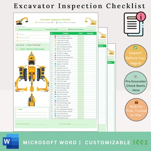 Excavator Inspection Checklist - Excavator Operator - Excavator Checklist - Construction Site Inspection - Site Inspection  Safety Checklist