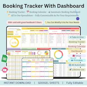 Może przedstawiać: Cyfrowy arkusz kalkulacyjny do śledzenia rezerwacji z pulpitem nawigacyjnym, kalendarzem i funkcjami automatycznej rezerwacji. Zawiera pulpit nawigacyjny, konfigurację i opcje drukowania. W pełni konfigurowalny i edytowalny. Tekst na obrazku brzmi: "Booking Tracker With Dashboard".