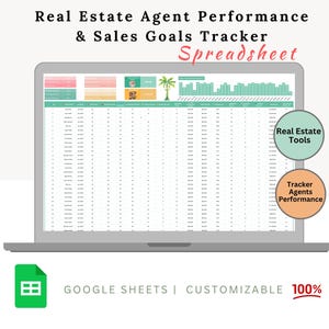 Op de afbeelding: Een laptopcomputer waarop een Google Sheets-spreadsheet wordt weergegeven met een groen-wit kleurenschema. De spreadsheet heeft de titel "Real Estate Agent Performance & Sales Goals Tracker". De spreadsheet heeft verschillende kolommen en rijen, waaronder kolommen voor "Agent Name", "Date", "Leads", "Appointments", "Closings", en "Total Commissions". De spreadsheet bevat ook een grafiek die de prestaties van de agent in de loop van de tijd laat zien. De spreadsheet is aanpasbaar en kan worden gebruikt om de prestaties van makelaars te volgen.