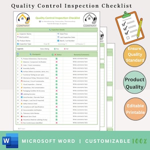 Puede incluir: Una lista de verificación de inspección de control de calidad con el texto "Quality Control Inspection Checklist" y "Microsoft Word | Customizable 100%". La lista incluye secciones para detalles de inspección y puntos de control.