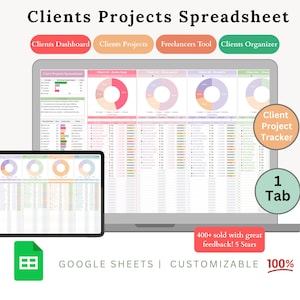 Puede incluir: Una plantilla de hoja de cálculo digital que se muestra en una computadora portátil y una tableta. La hoja de cálculo está etiquetada como "Clients Projects Spreadsheet" e incluye gráficos y tablas de datos. La imagen también incluye el texto "GOOGLE SHEETS | CUSTOMIZABLE 100%."