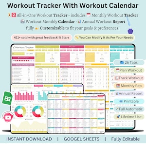 May include: Digital workout tracker with a workout calendar, including a monthly tracker, calendar, and annual report. Features include customisation, printable options, and full automation. The image shows a spreadsheet with colourful charts and graphs.