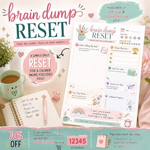 May include: A brain dump reset planner sheet featuring sections for thoughts, big wins, and small actions. The page includes colorful illustrations of a rocket, rainbow, and flowers, with text prompts like What's Filling My Head and Today's Big Wins. Available in A4 and US Letter size.