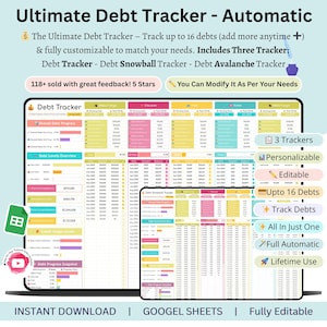 Könnte beinhalten: Ein digitaler Schulden-Tracker, der auf einem Laptop und einem kleineren Gerät angezeigt wird. Der Bildschirm zeigt eine Tabelle mit Finanzdaten, und der Text "Ultimate Debt Tracker - Automatic" steht oben. Funktionen umfassen die Verfolgung von bis zu 16 Schulden und ist vollständig anpassbar.