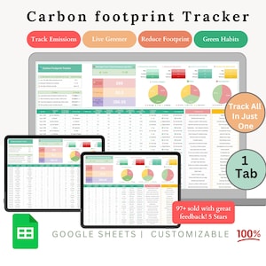 May include: A digital carbon footprint tracker displayed on a laptop and two tablets. The interface shows data visualizations and the text "Carbon footprint Tracker". Additional text includes "Track Emissions", "Live Greener", and "Reduce Footprint".