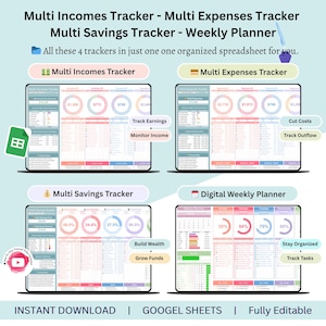 Puede incluir: Una plantilla de hoja de cálculo digital para ingresos, gastos, ahorros y planificación semanal. La imagen muestra cuatro vistas diferentes de hojas de cálculo en computadoras portátiles, con etiquetas de texto como "Track Earnings" y "Cut Costs".
