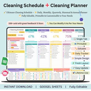 May include: A digital cleaning planner displayed on a laptop screen. The planner includes daily, monthly, quarterly, biannual, and annual schedules. Features include a printable, editable, and daily tracker design. The text on the screen says "Cleaning Schedule + Cleaning Planner".