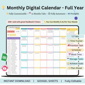 Könnte beinhalten: Ein digitaler Monatskalender auf einem Tablet, der ein ganzjähriges Layout mit 12 Registerkarten zeigt. Der Kalender ist vollständig anpassbar, automatisch und druckbar. Text enthält "258+ verkauft mit großartigem Feedback! 5 Sterne" und "Sie können es nach Ihren Bedürfnissen ändern".
