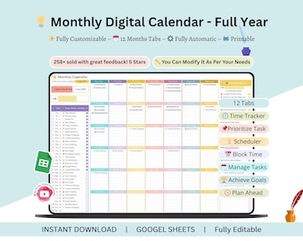 Monthly Task Planner - calendar planner - monthly planner - monthly task tracker - monthly task spreadsheet - calendar planner template