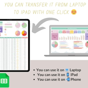 May include: A digital illustration showing data charts on a laptop and a tablet. The text reads "YOU CAN TRANSFER IT FROM LAPTOP TO IPAD WITH ONE CLICK." Additional text indicates the data can be used on a laptop, iPad, and phone.