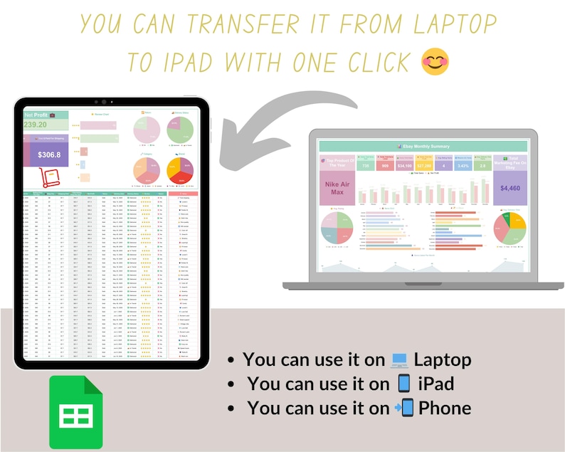 May include: A digital illustration showing data charts on a laptop and a tablet. The text reads "YOU CAN TRANSFER IT FROM LAPTOP TO IPAD WITH ONE CLICK." Additional text indicates the data can be used on a laptop, iPad, and phone.