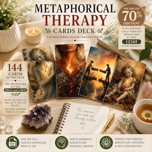 Pode incluir: Um baralho de cartas de terapia metafórica com 144 cartas em dois tamanhos. As cartas exibem ilustrações artísticas de figuras e símbolos. Um bloco de notas com o texto The answers you seek are already within you está incluído com uma caneta dourada.