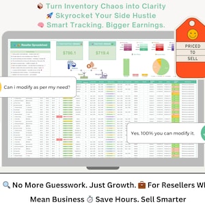 K&ouml;nnte beinhalten: Ein Laptop-Bildschirm zeigt eine Tabelle mit Finanzdaten, Diagrammen und Grafiken. Der Text enth&auml;lt "Turn Inventory Chaos into Clarity" und "Priced to Sell". Eine Sprechblase fragt: "Kann ich nach Bedarf &auml;ndern?" und eine andere antwortet: "Ja, zu 100 % k&ouml;nnen Sie es &auml;ndern."