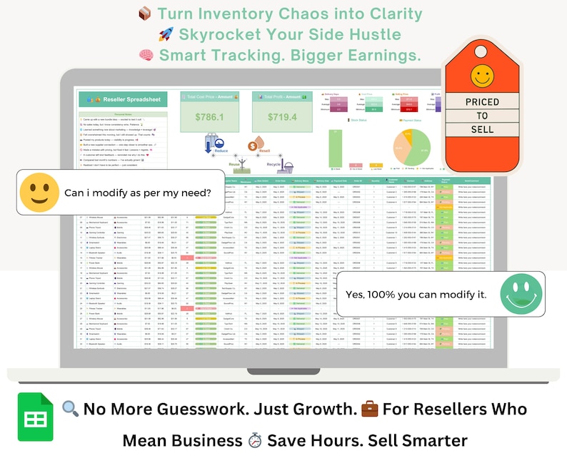 K&ouml;nnte beinhalten: Ein Laptop-Bildschirm zeigt eine Tabelle mit Finanzdaten, Diagrammen und Grafiken. Der Text enth&auml;lt "Turn Inventory Chaos into Clarity" und "Priced to Sell". Eine Sprechblase fragt: "Kann ich nach Bedarf &auml;ndern?" und eine andere antwortet: "Ja, zu 100 % k&ouml;nnen Sie es &auml;ndern."