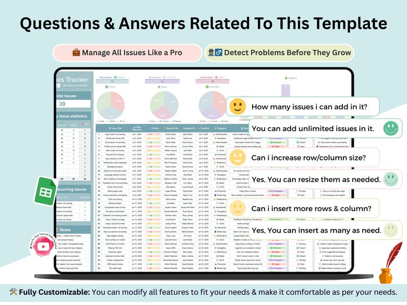 Issues Tracker - Problem Tracking - Issues and Concerns - Project risk and issue log, issue resolution and handling - project issue tracker - issue tracking - issue spreadsheet - issue log - issue tracker excel - resolution tracker - project management - bug tracker - problem solving - Agile Issue Log - Software Testing Log - Bug Report Tracker - project templates - Bug Tracker Template - project tracker - issues log - task tracker - action tracker - priority tracker - project tracking