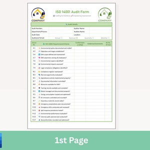 May include: A white ISO 14001 Audit Form with green and black text. The form includes sections for audit details, requirements, and comments. The bottom of the form has the text "1st Page" and a blue "W" logo.