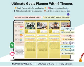 May include: Digital Ultimate Goals Planner with four themes, shown on a laptop screen. Features include personalization, 12 goals, and unlimited extra goals. The planner is editable, adjustable, and has a simple design. The text says "Instant Download | Google Sheets | Fully Editable."