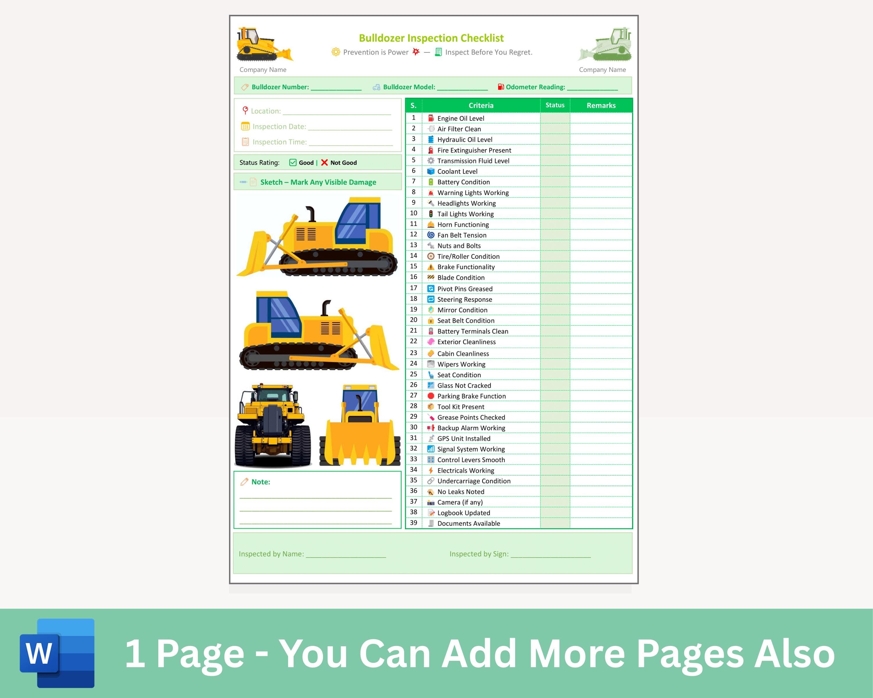 Bulldozer Inspection Checklist - Heavy Equipment Inspection Checklist ...