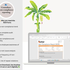 Peut inclure: Un ordinateur portable affiche un formulaire &laquo; Rapport de non-conformit&eacute; (NCR) &raquo;. L'image comprend une illustration de bananier vert et du texte soulignant les avantages du formulaire, comme l'am&eacute;lioration de l'analyse des tendances et la r&eacute;duction des violations.