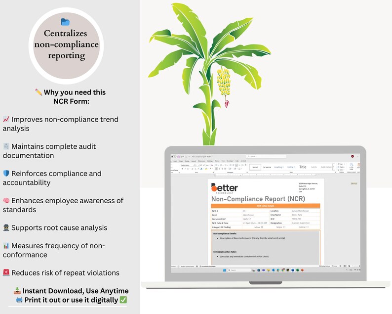 Peut inclure: Un ordinateur portable affiche un formulaire &laquo; Rapport de non-conformit&eacute; (NCR) &raquo;. L'image comprend une illustration de bananier vert et du texte soulignant les avantages du formulaire, comme l'am&eacute;lioration de l'analyse des tendances et la r&eacute;duction des violations.