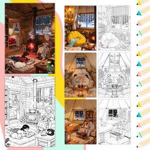 Puede incluir: Una colecci&oacute;n de ilustraciones de caba&ntilde;as y tiendas de campa&ntilde;a acogedoras. Las im&aacute;genes representan escenas de relajaci&oacute;n, lectura y disfrute de bebidas calientes. Las ilustraciones en color muestran una caba&ntilde;a c&aacute;lida con chimenea, mientras que las ilustraciones en blanco y negro muestran la misma escena.