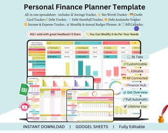 personal finance planner - financial planner - saving tracker - net worth tracker - credit card tracker - debt tracker - budget planner