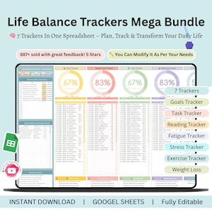 Puede incluir: Una hoja de cálculo digital, "Life Balance Trackers Mega Bundle," se muestra en la pantalla de una computadora portátil. Incluye rastreadores para metas, tareas, lectura, fatiga, estrés, ejercicio y pérdida de peso. El texto incluye "¡887+ vendidos con excelentes comentarios! 5 estrellas."