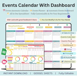Op de afbeelding: Digitale evenementenkalender met dashboard, met een automatische kalender, planner en dashboard. De spreadsheet is volledig aanpasbaar en bevat tabbladen voor evenementen, planning en instellingen. De tekst "Instant Download" is ook inbegrepen.
