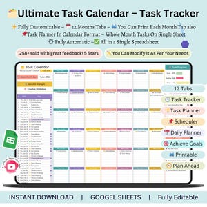 Pode incluir: Um calendário de tarefas digital exibido na tela de um laptop. O calendário é totalmente personalizável, com 12 meses, um rastreador de tarefas e um planejador. O texto na tela diz "Ultimate Task Calendar - Task Tracker" e "Download instantâneo".